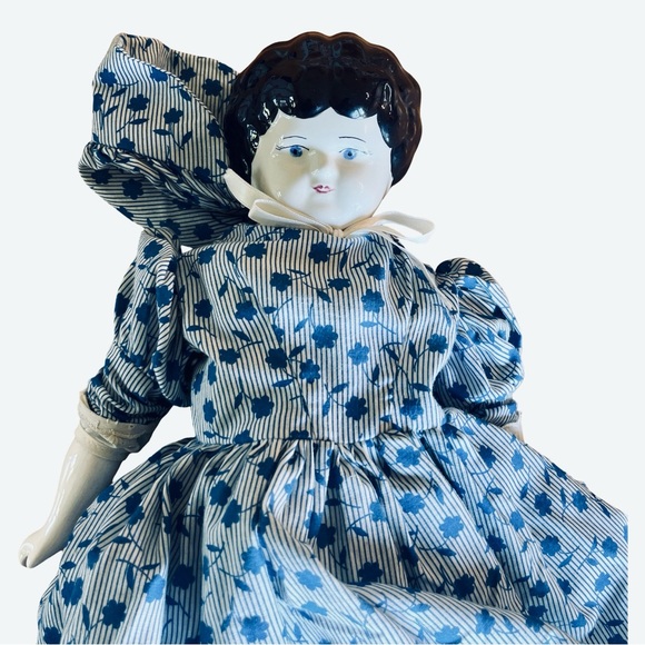 Porcelain Antique Doll with Handmade Blue Dress, Slip, &...